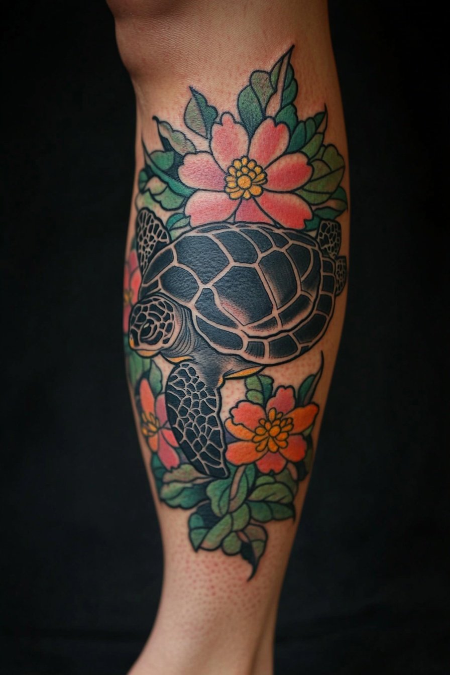 Black sea turtle leg tattoo colorful in the style o 6