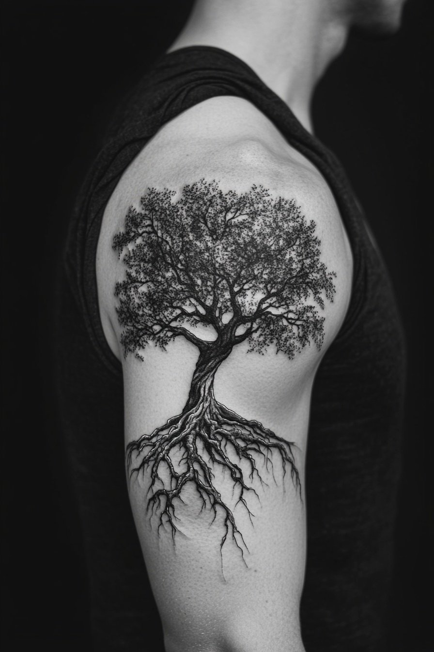 Black tattoo of a tree with roots on the shoulder a 6