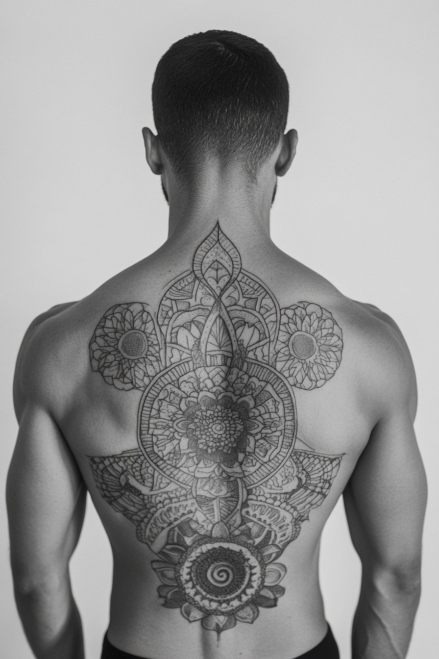 Blackwork tattoo design of the back with a yoga pos 9