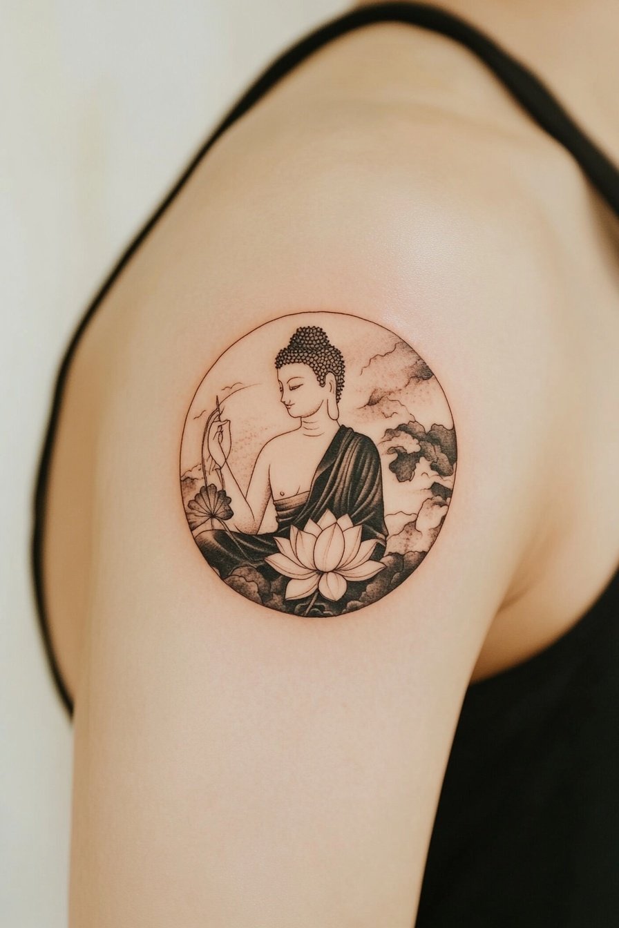 Buddha with lotus flower in a circular design tatto e