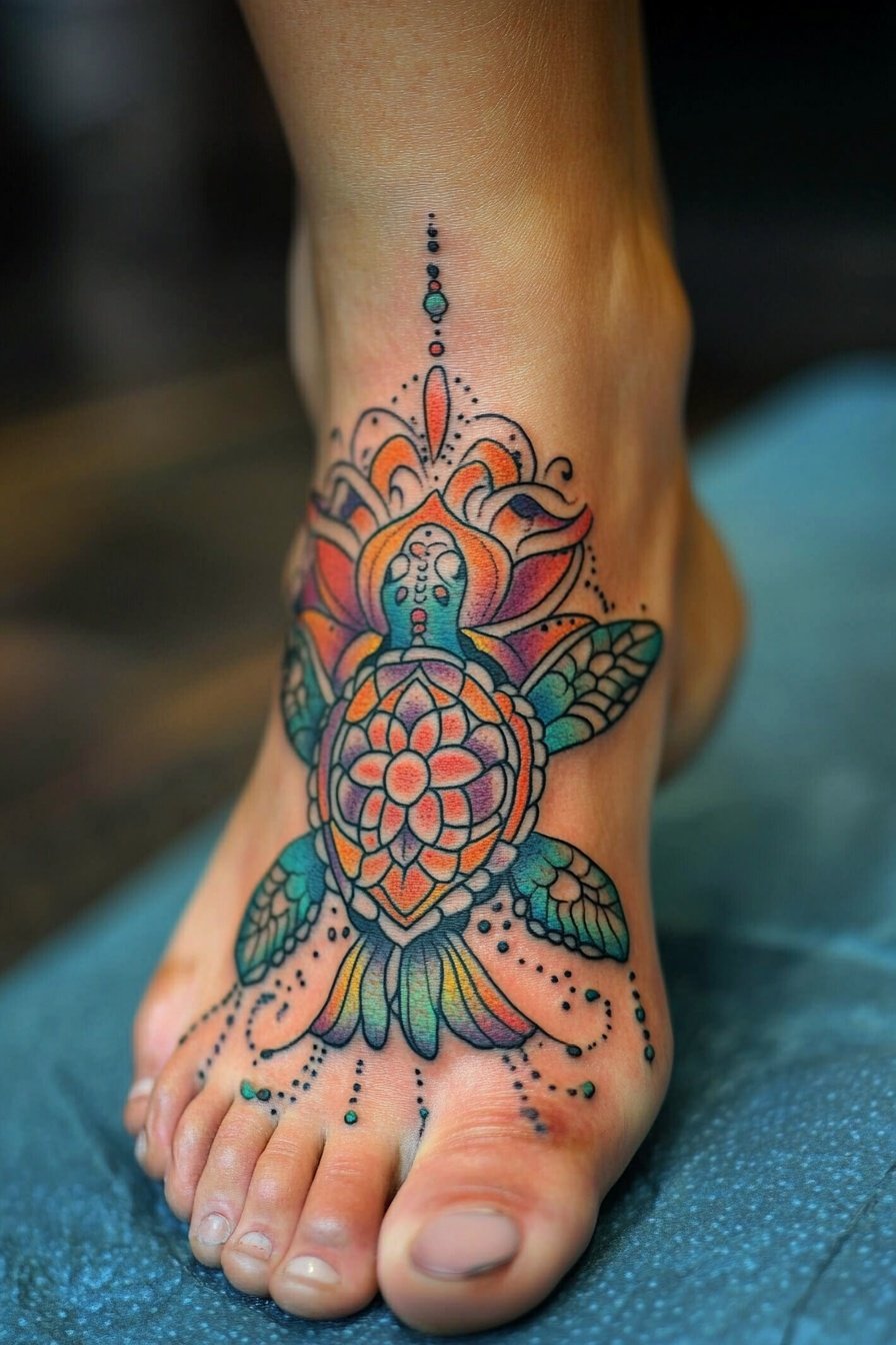 Colorful and detailed sea turtle tattoo on the foot 3