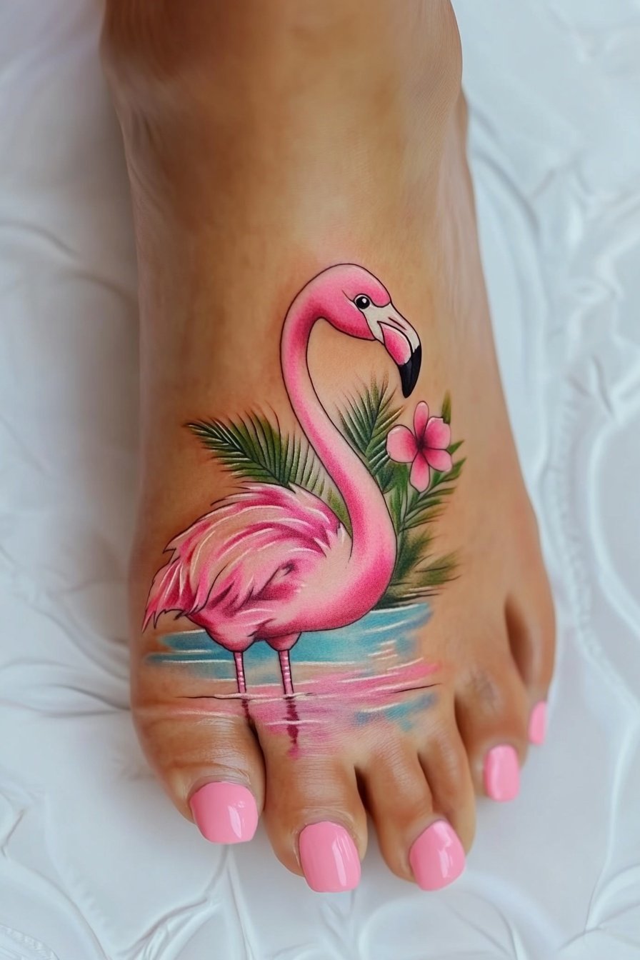 Colorful cute baby flamingo tattoo on the foot. A t 8