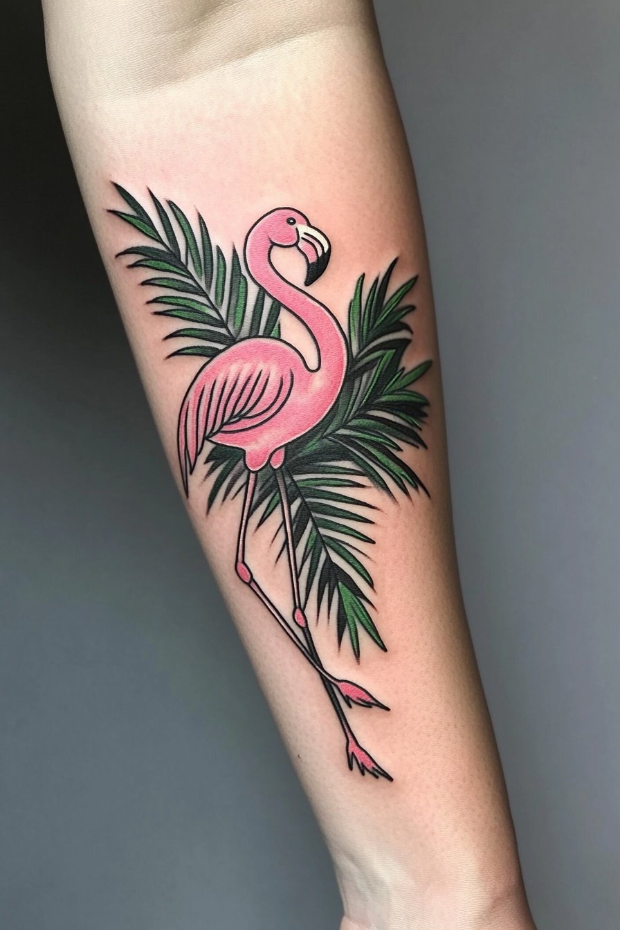 Colorful cute flamingo with palm leaves forearm tat 3
