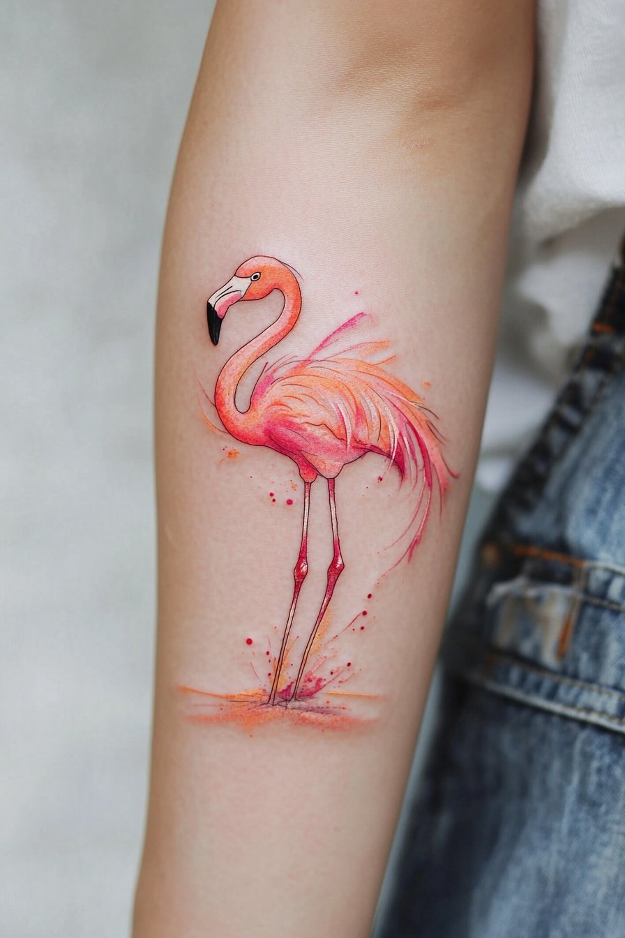 Colorful flamingo tattoo on a womans forearm in the a