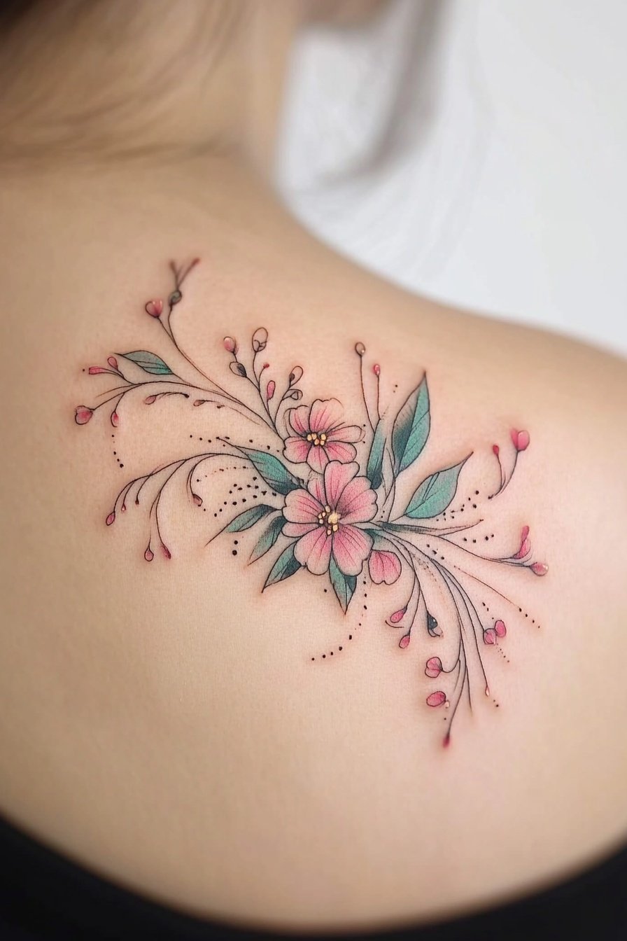 Colorful floral tattoo design on the back of a woma a