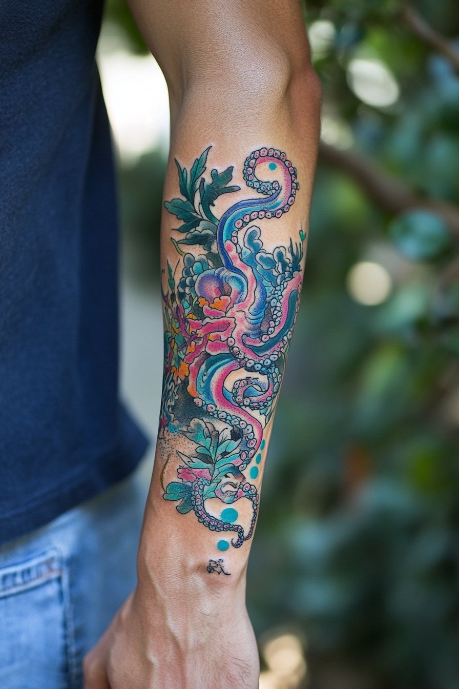 Colorful octopus tattoo on the forearm in blue and 3