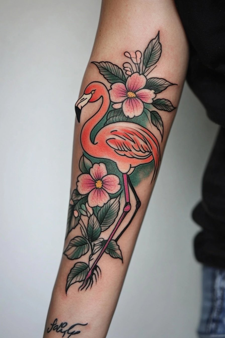 Colorful tattoo of a flamingo pink flowers and leav e