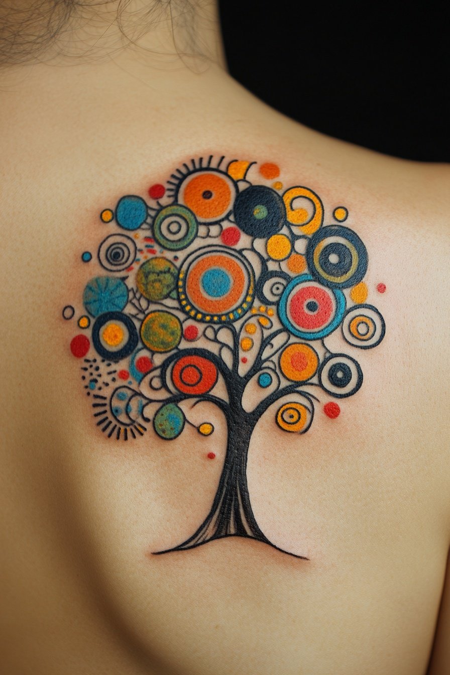 Colorful tattoo of a tree with vibrant circles and 7