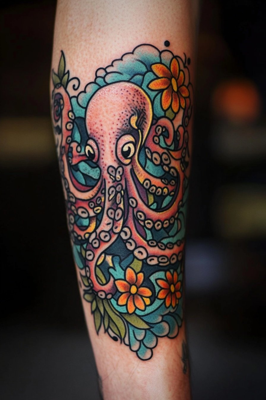 Colorful tattoo of an octopus in the style of old s a