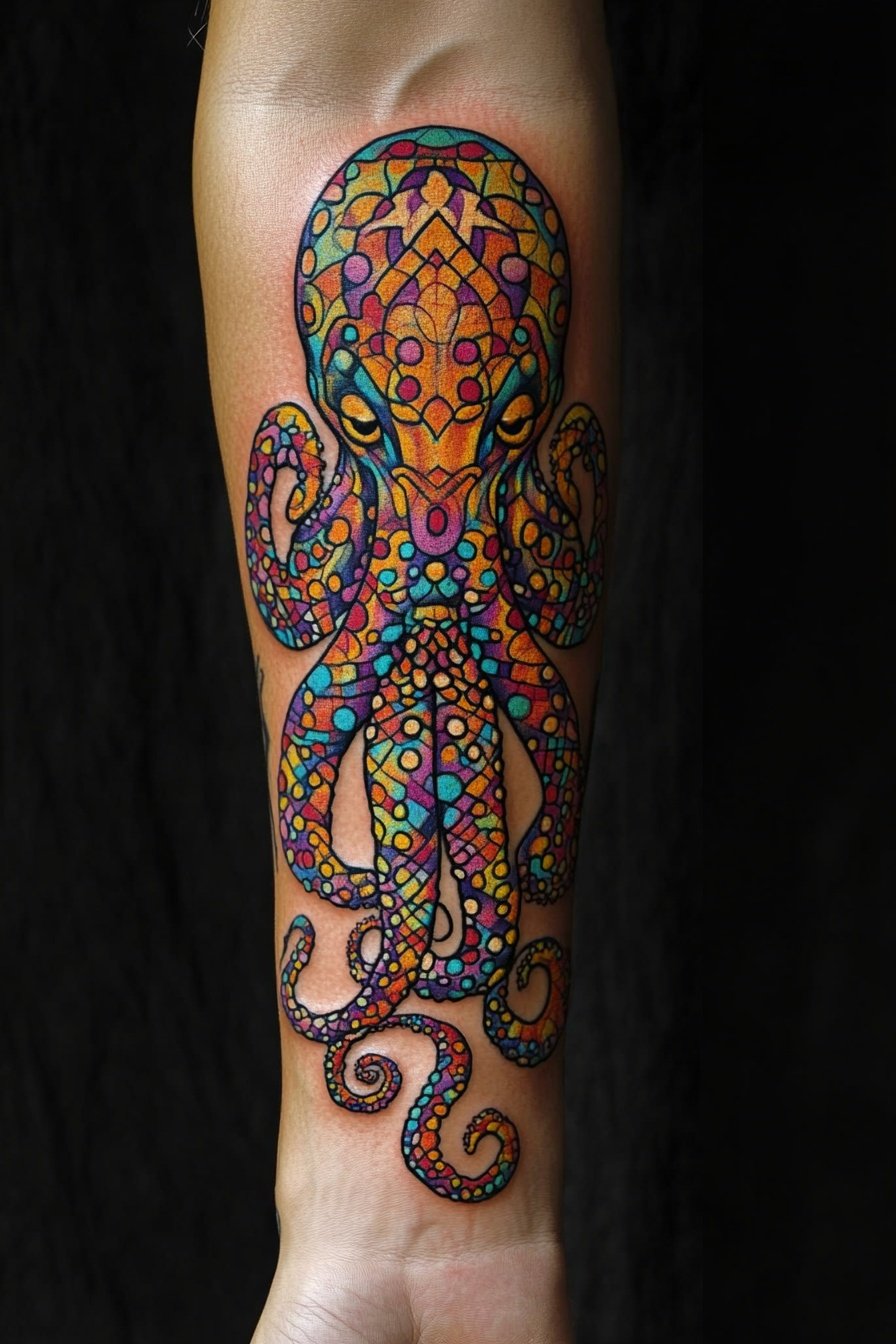Colorful tattoo of an octopus with vibrant patterns 4
