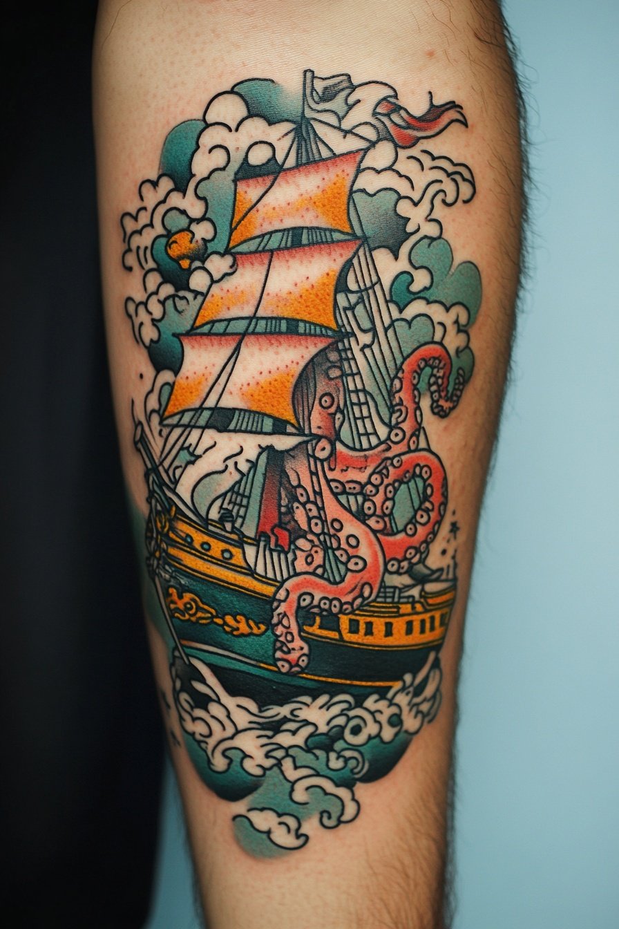 Colorful tattoo of an old ship with octopus tentacl 7