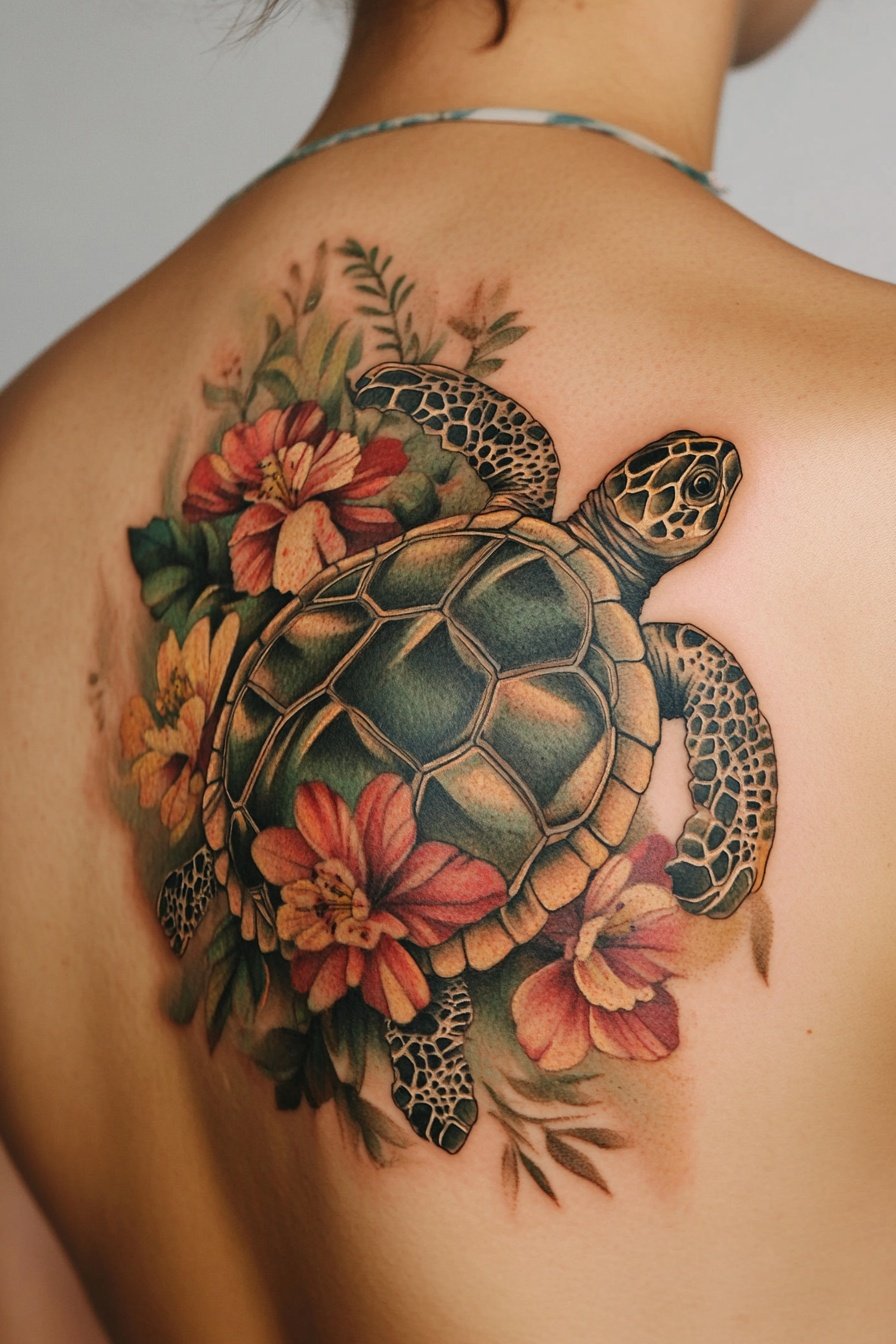 Colorful turtle tattoo with flowers and leaves on t 5