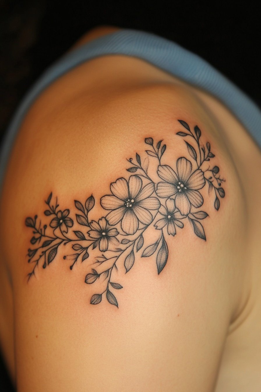 Daisy flower tattoo on a womans shoulder simple and e