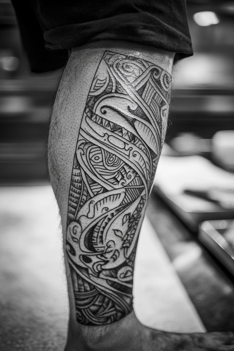 Detailed Polynesian tribal tattoo design on a leg w e