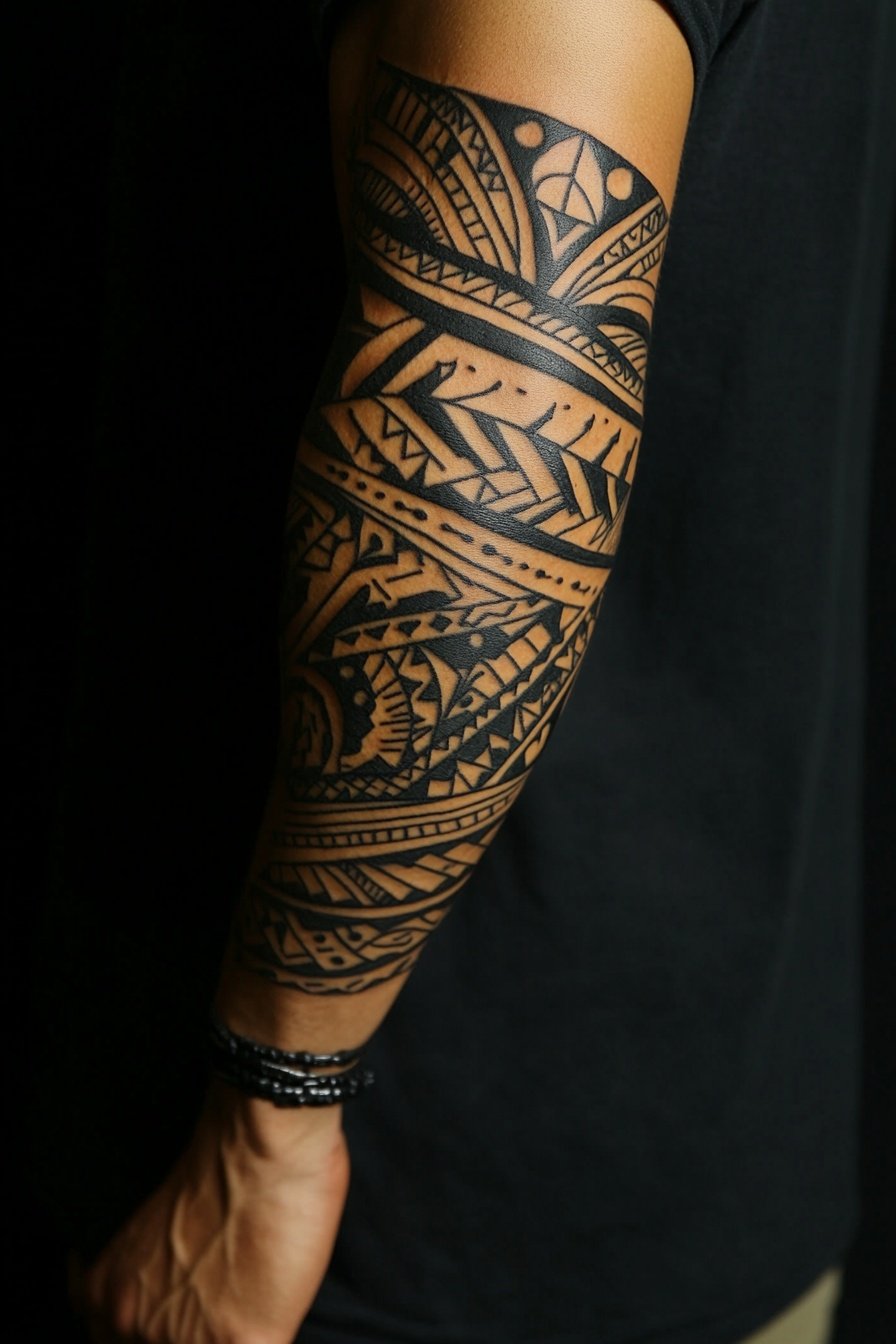 Full sleeve tattoo tribal-style design on a black b b