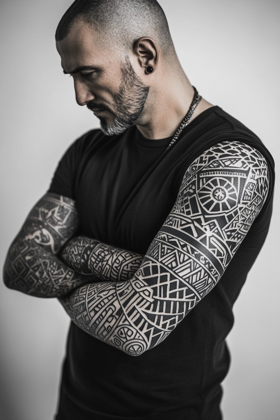 Full sleeve tattoos featuring tribal designs with g 3