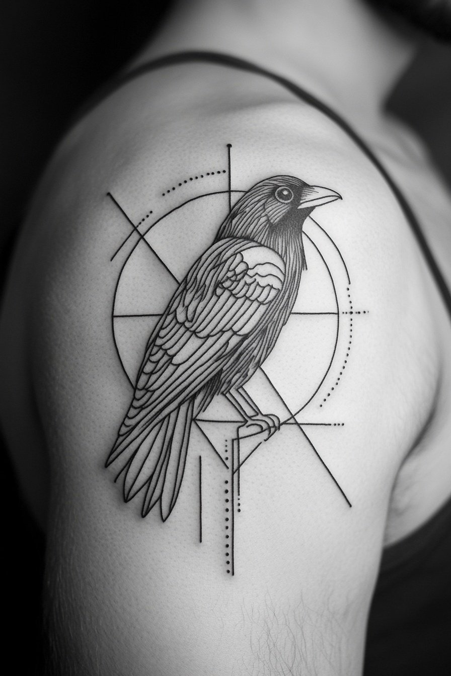 Geometric crow tattoo design on the shoulder with s 5