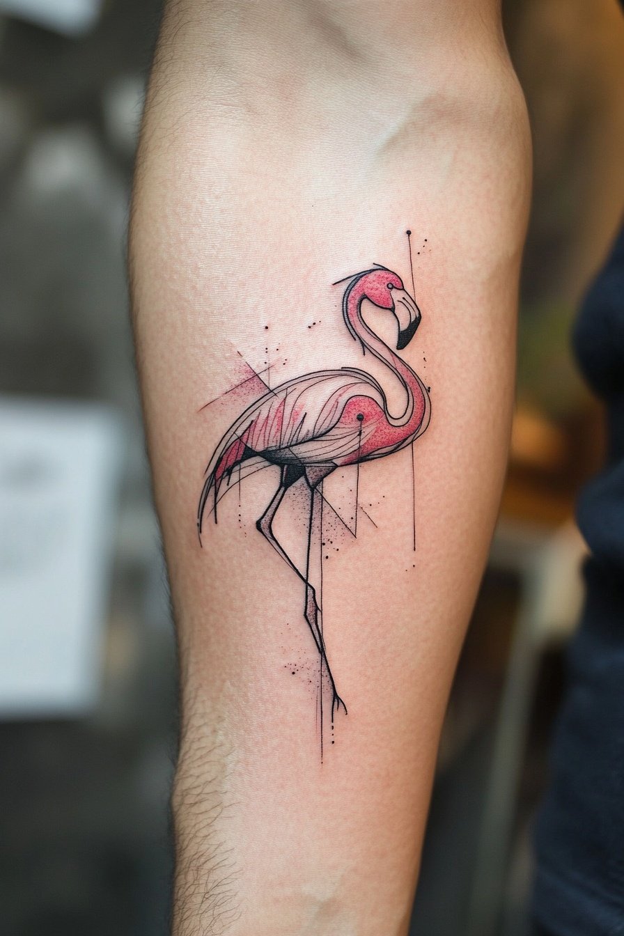 Geometric flamingo tattoo on the forearm with line 5