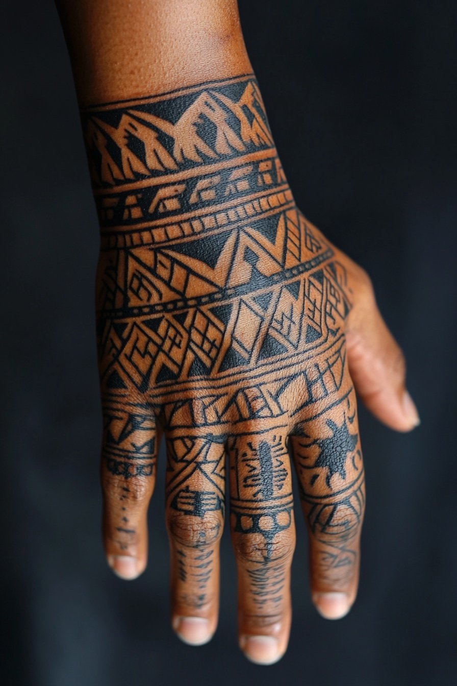 Hand with black tribal tattoo geometric patterns on b