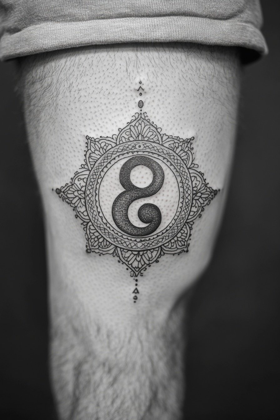 Mandala-style tattoo of the yin-yang symbol on the b
