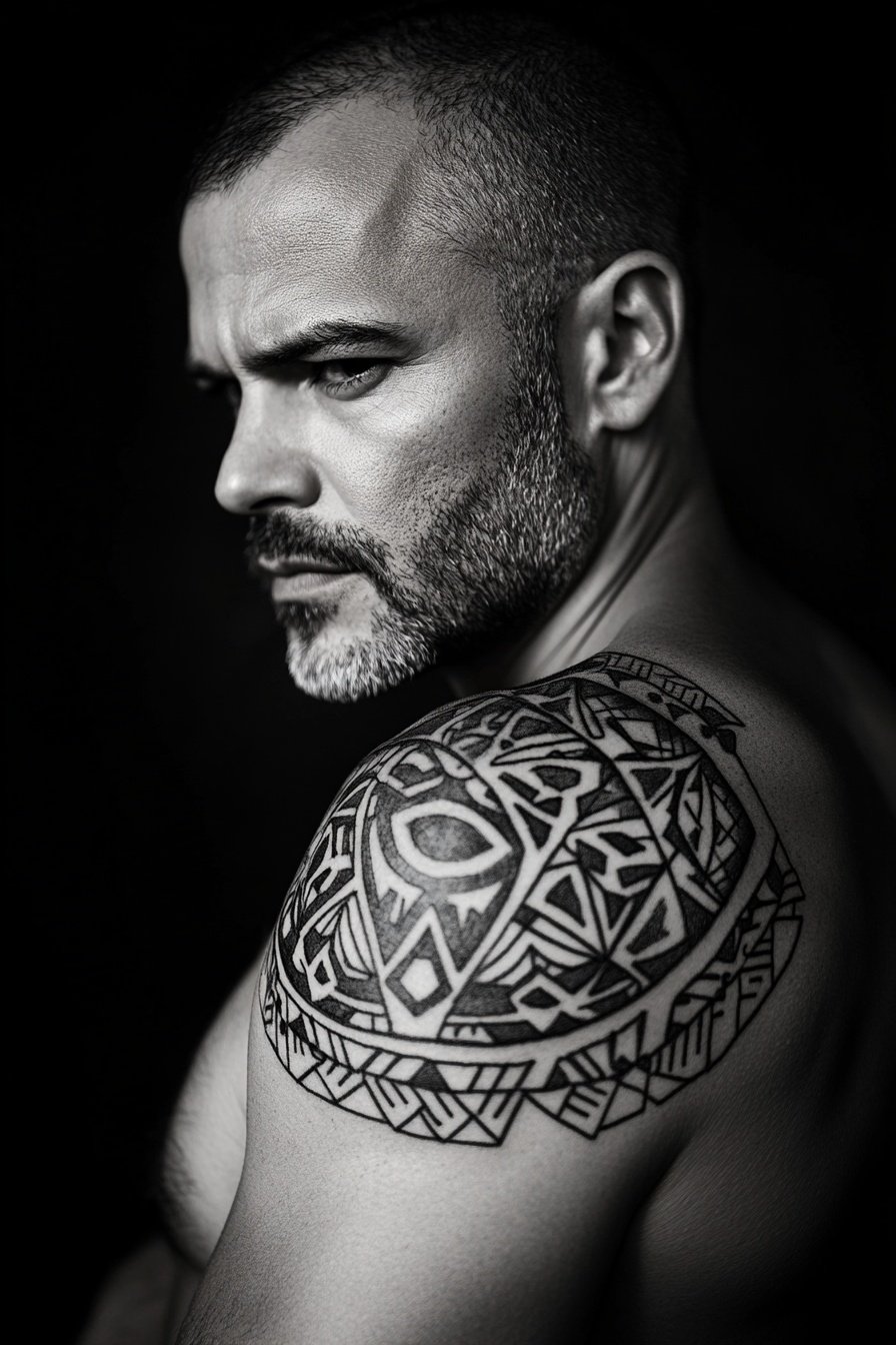 Monobet-style black and white tribal tattoo on the 0