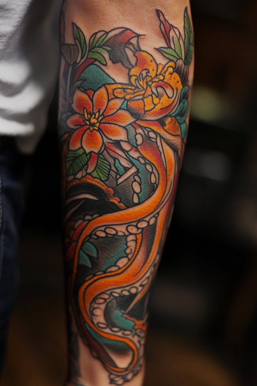 Octopus tattoo in the style of old-school colorful 5
