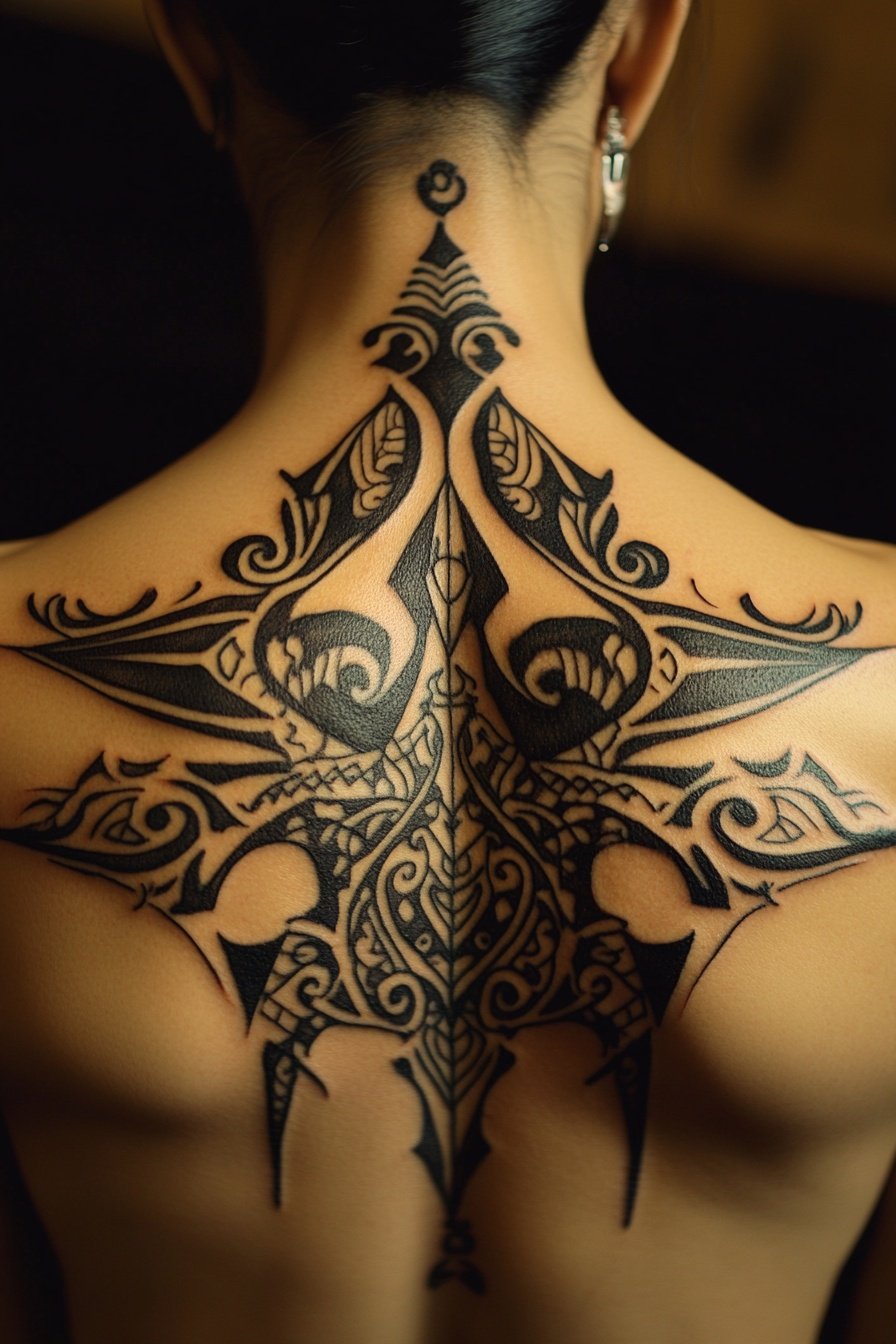 Photo of an intricate tattoo on the back featuring 7