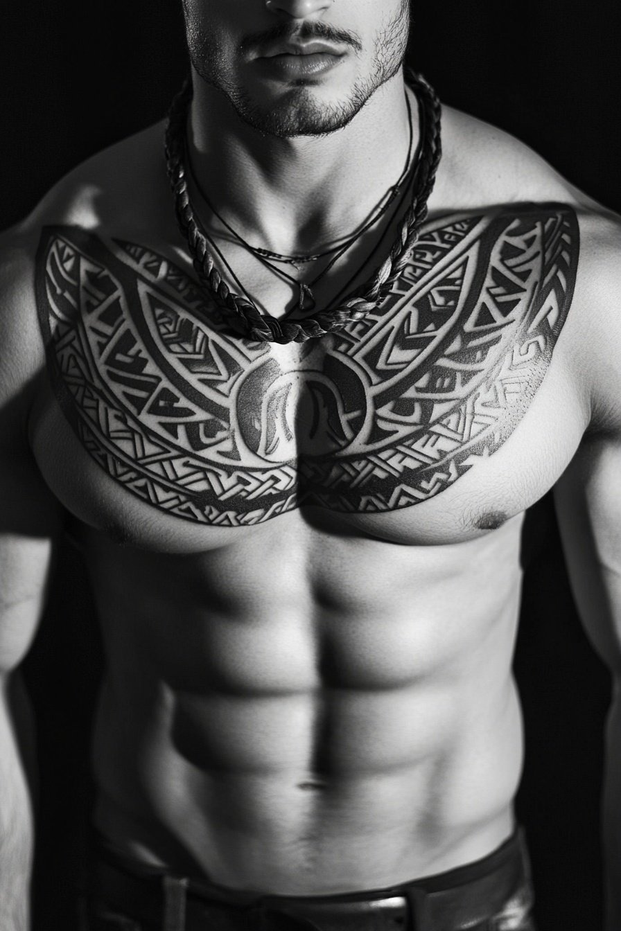 Polynesian chest tattoo design in the style of trib b