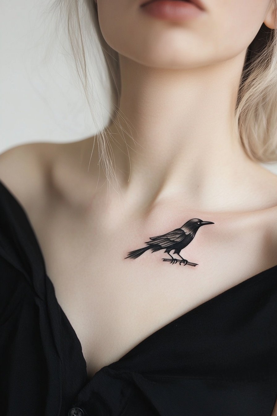 Realistic tattoo of a raven on a womans shoulder in 4
