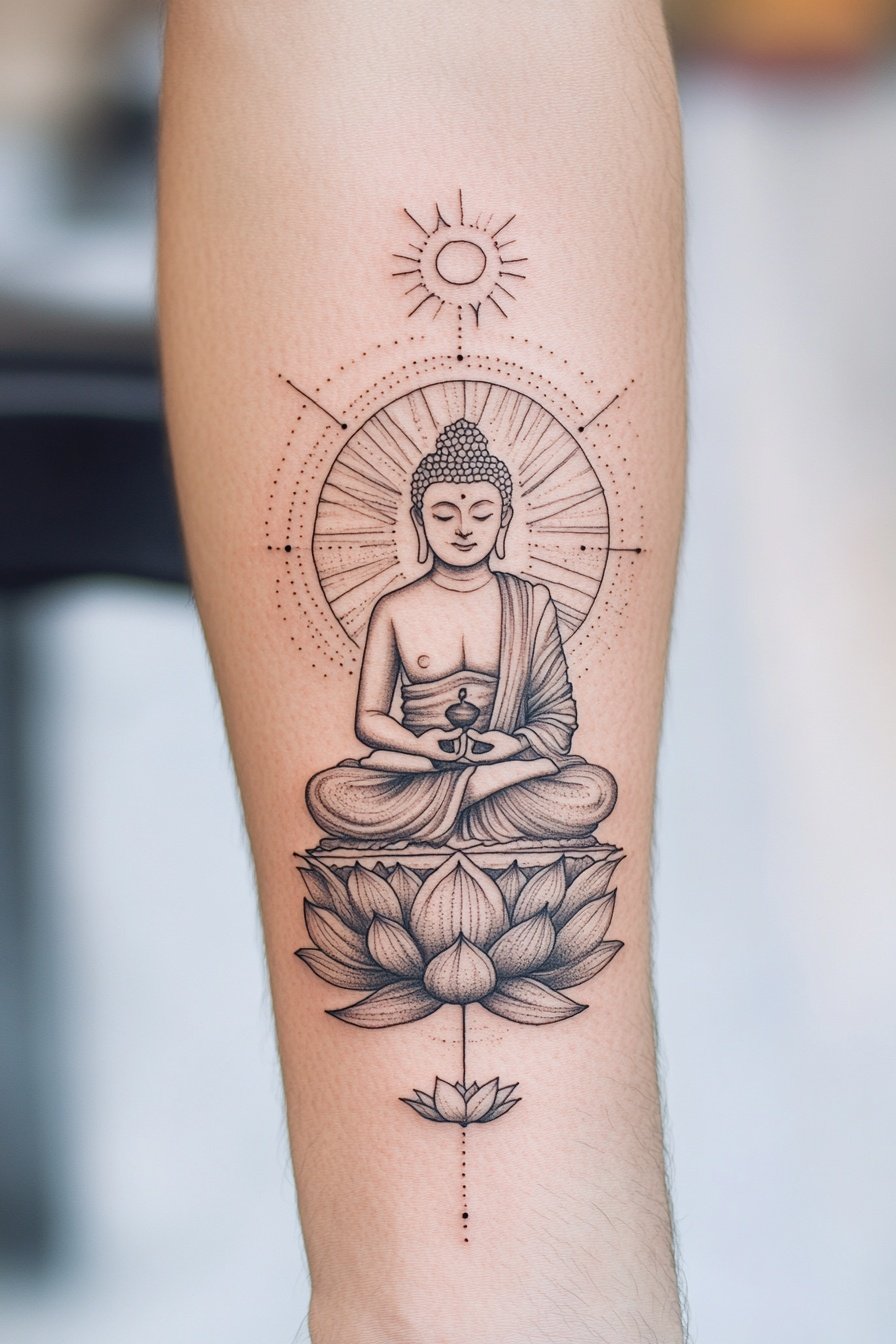 Tattoo of a Buddha in a mandala style with a lotus b