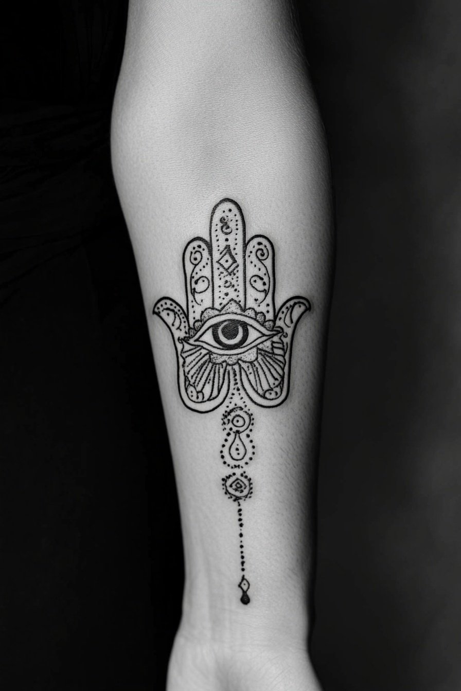 Tattoo of a Hamsa hand with an eye on the forearm w c