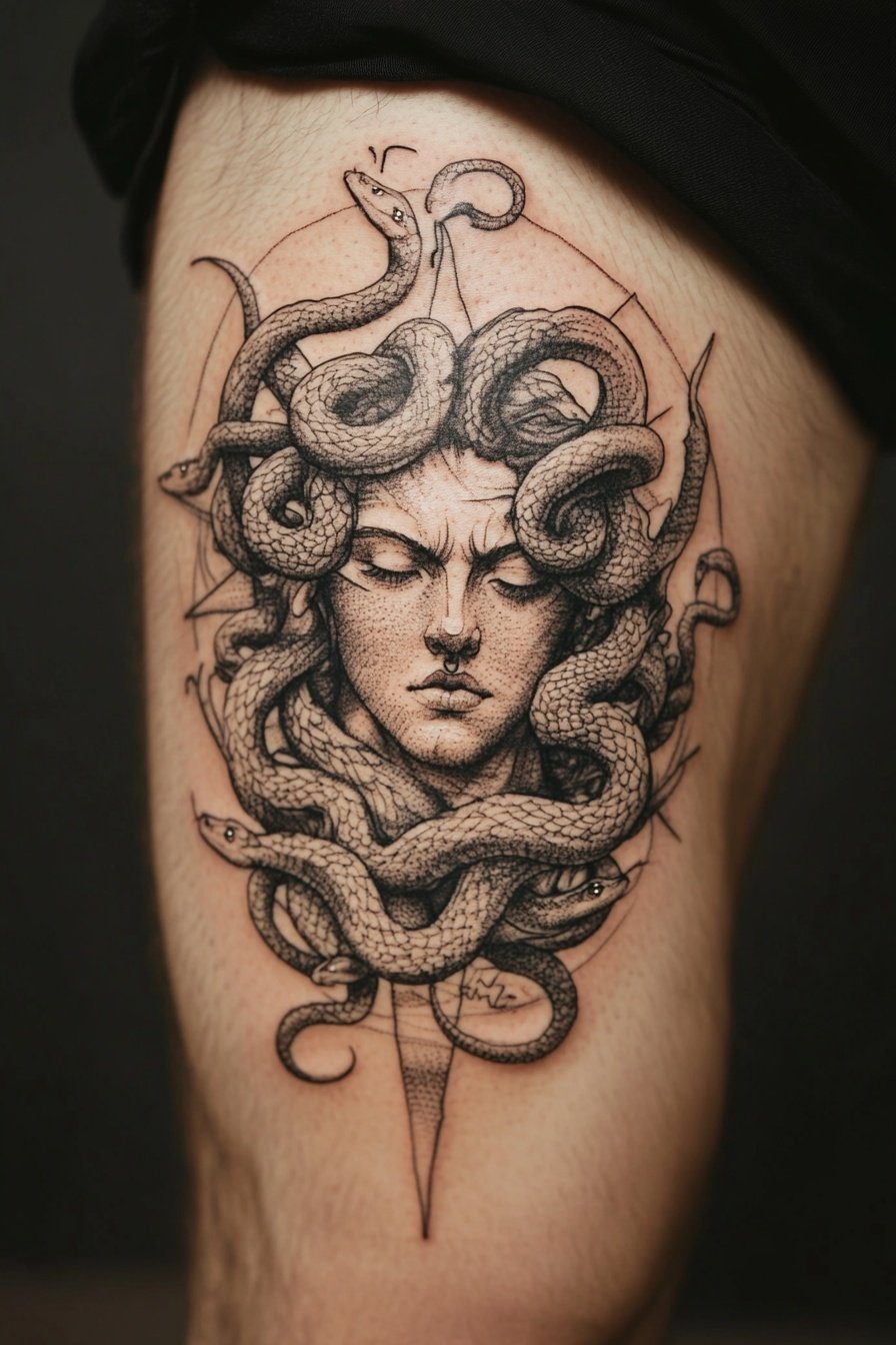Tattoo of a Medusa head with snakes around the sun 8