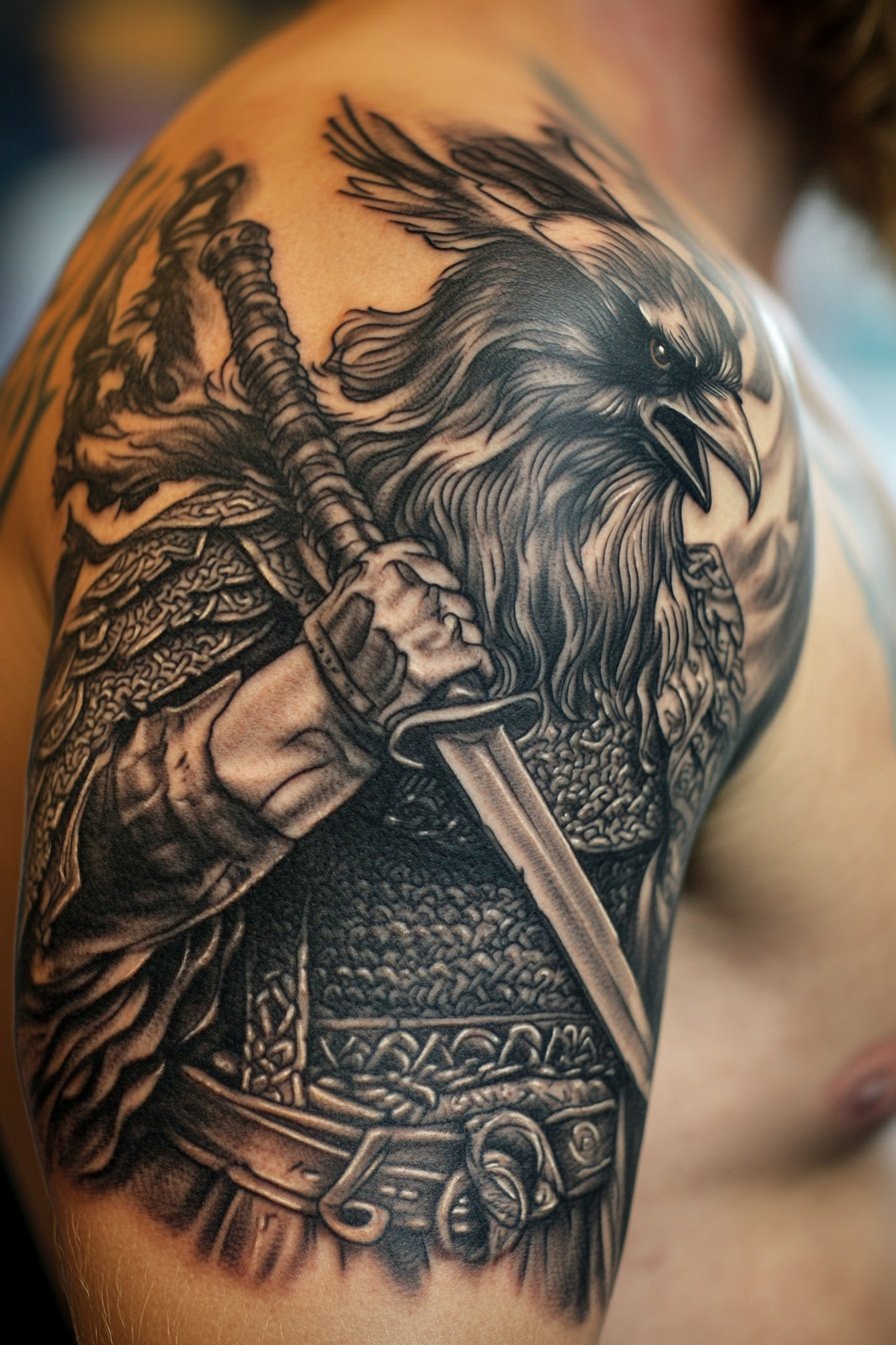 Tattoo of a Viking warrior with a ravens head holdi b