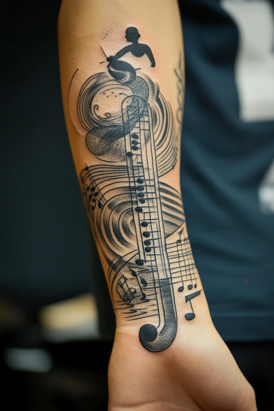 Tattoo of a black and white music note on top a han 5