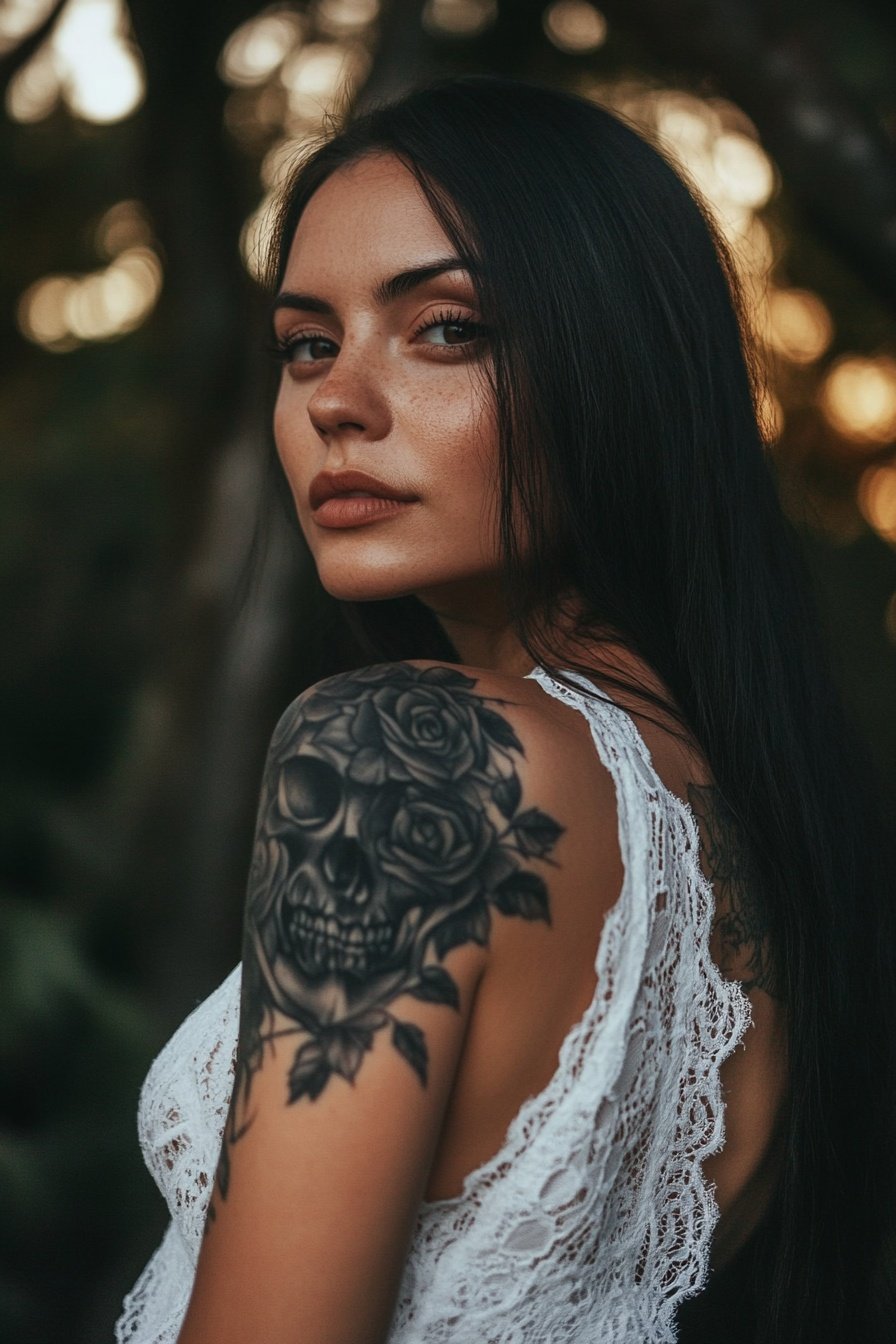 Tattoo of a black skull with roses on the shoulder 3