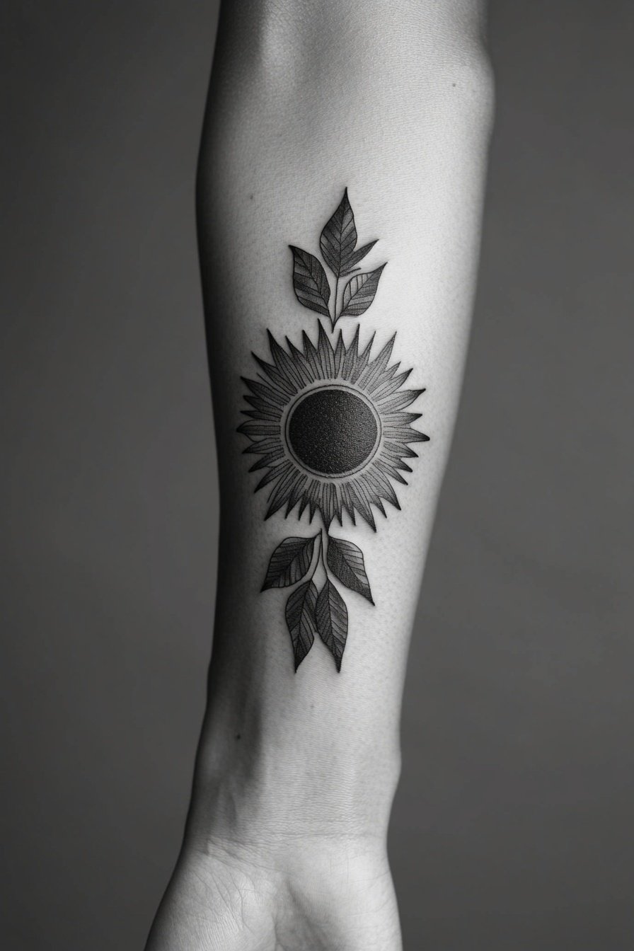 Tattoo of a black sun with leaves on the forearm in c