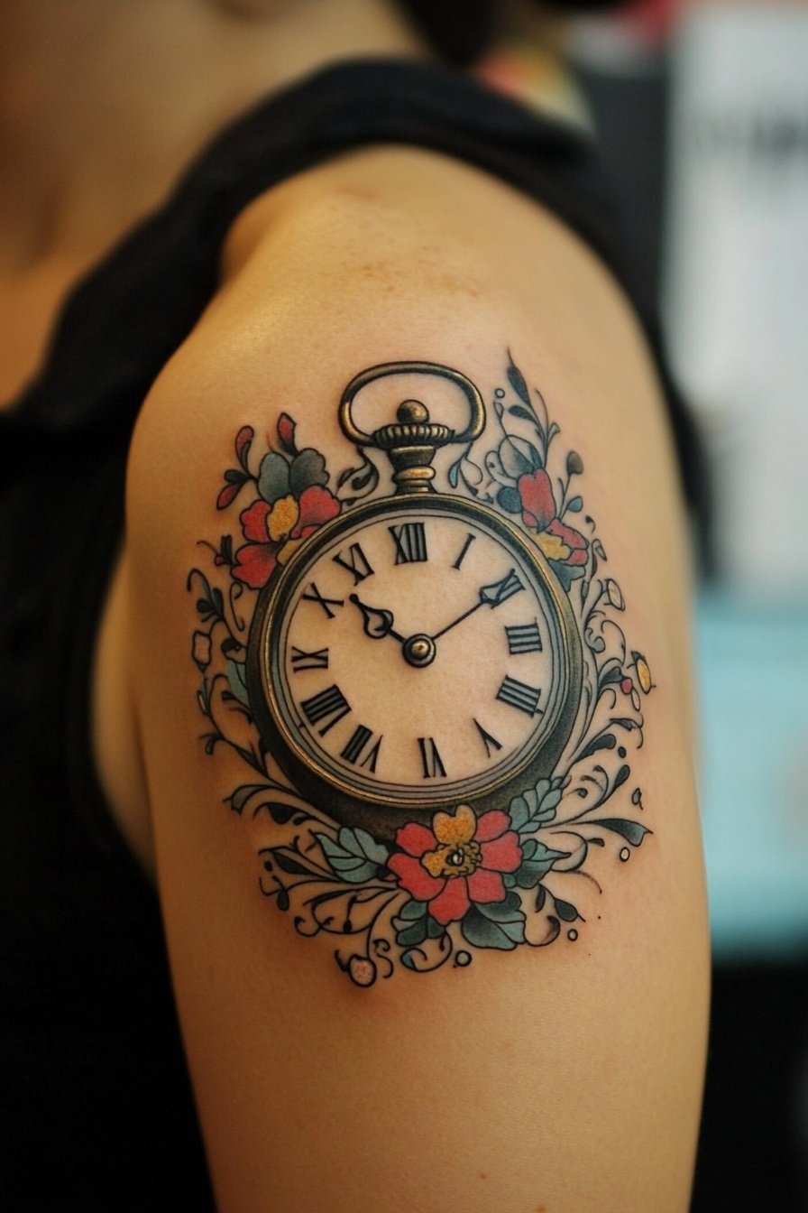 Tattoo of a cute clock on a womans shoulder in a ca 5