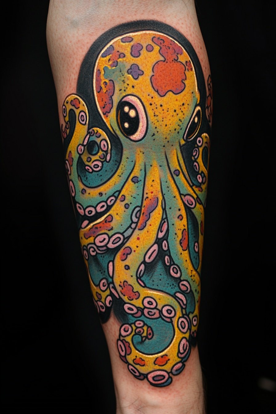 Tattoo of a cute octopus colorful in the style of a c