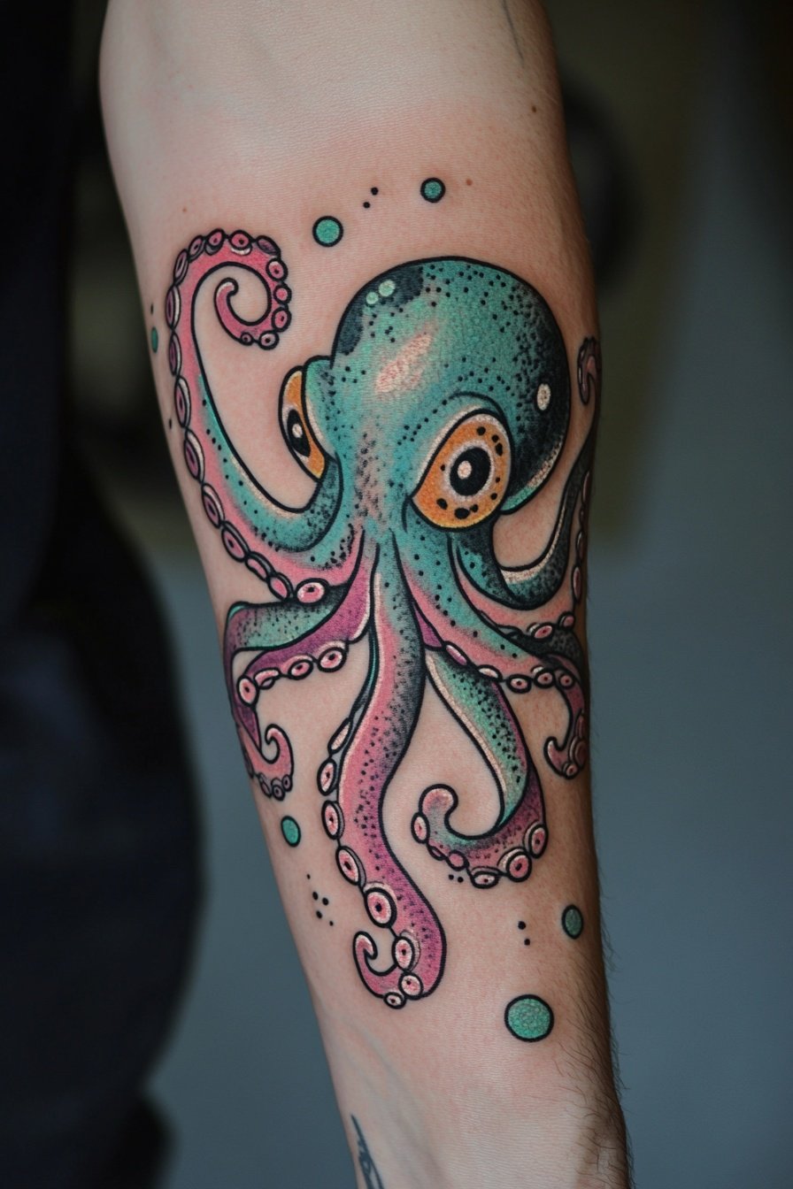 Tattoo of a cute octopus with pink and teal gradien 2