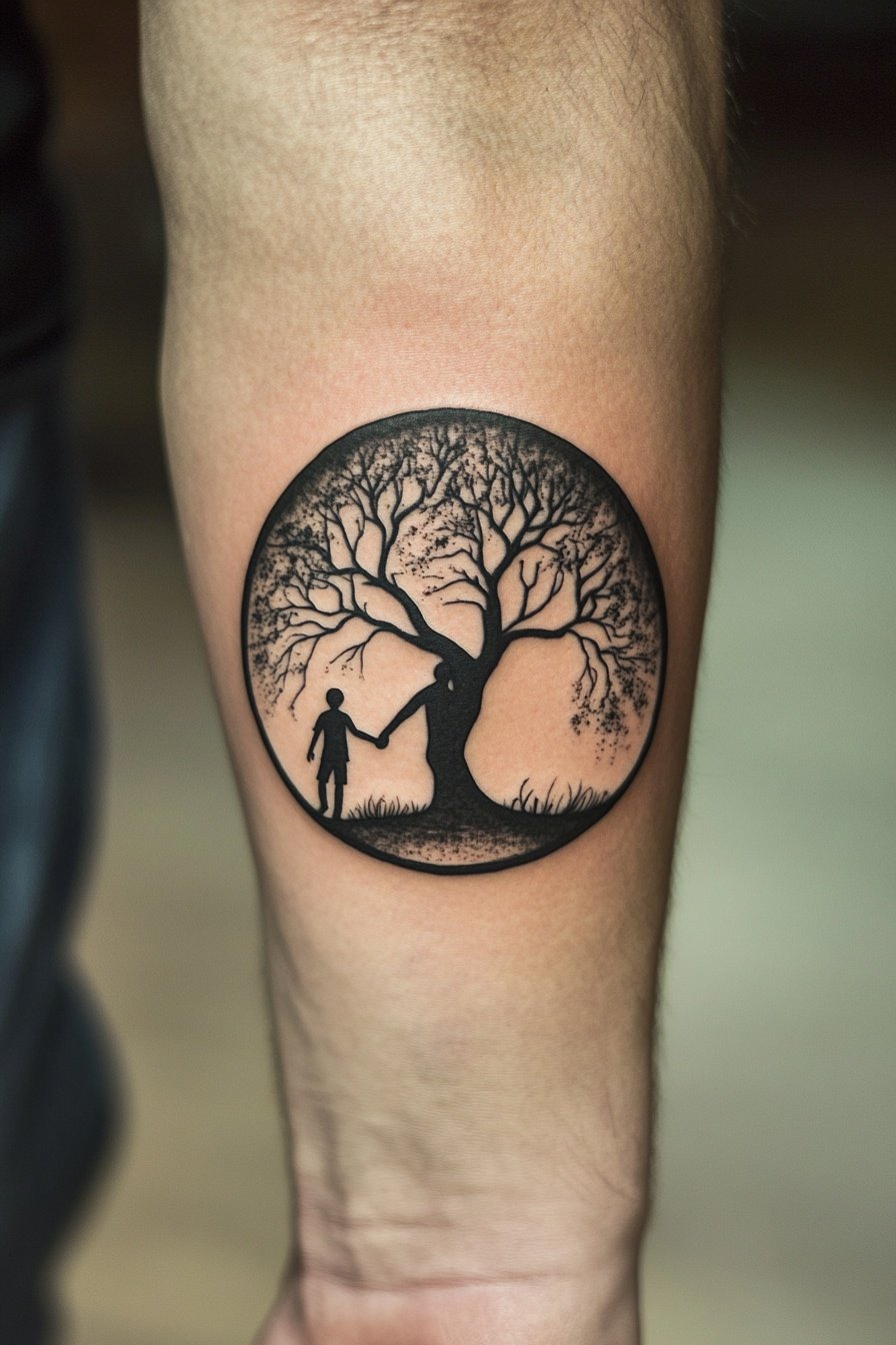 Tattoo of a family tree yin-yang in black and white f