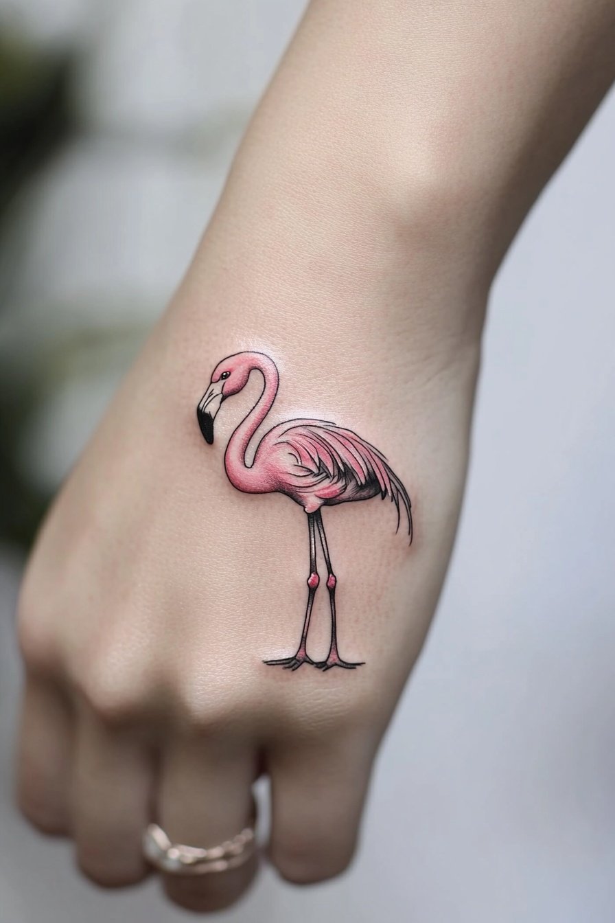 Tattoo of a flamingo in black color with pink detai d