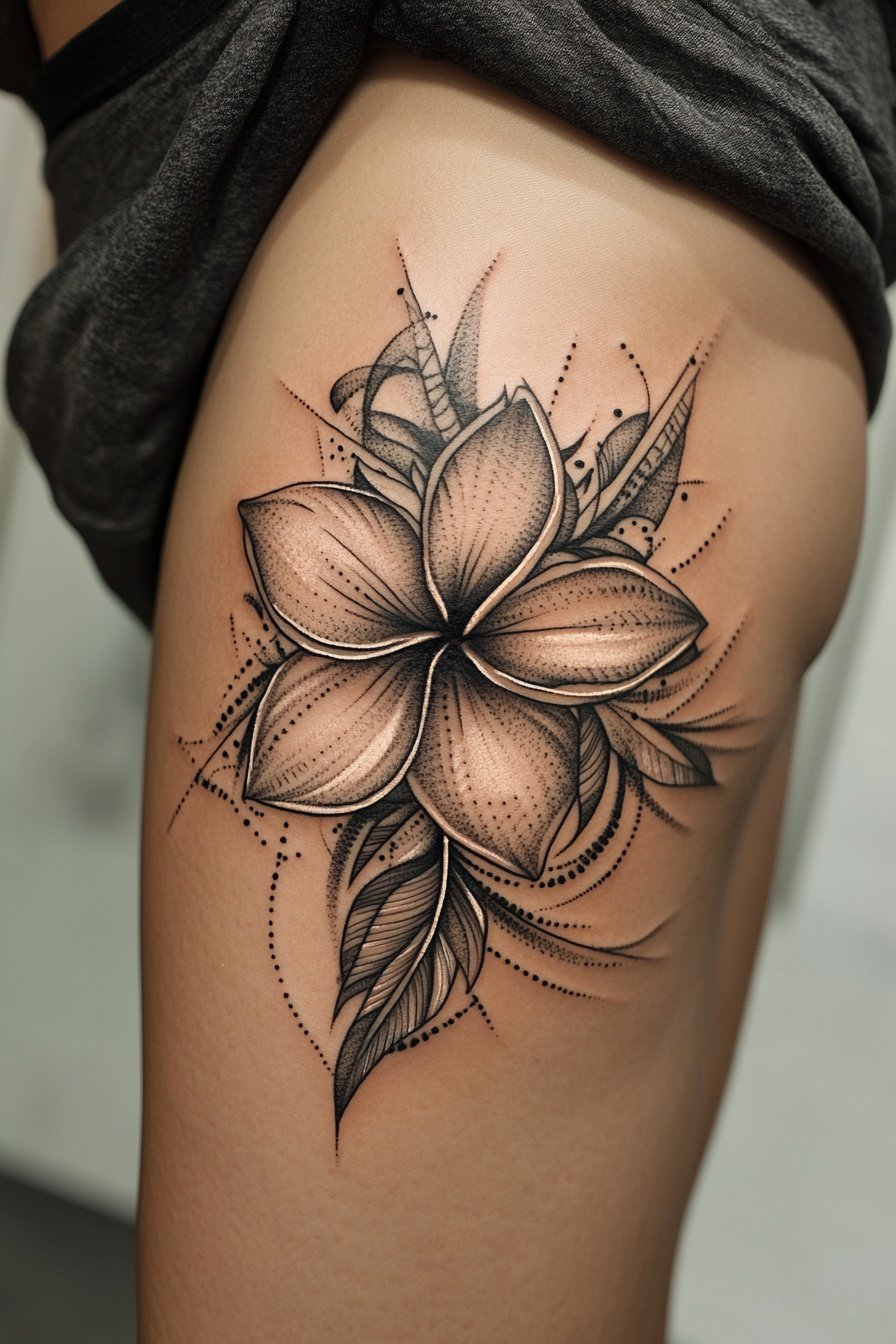 Tattoo of a plumeria flower in a tribal style on a a