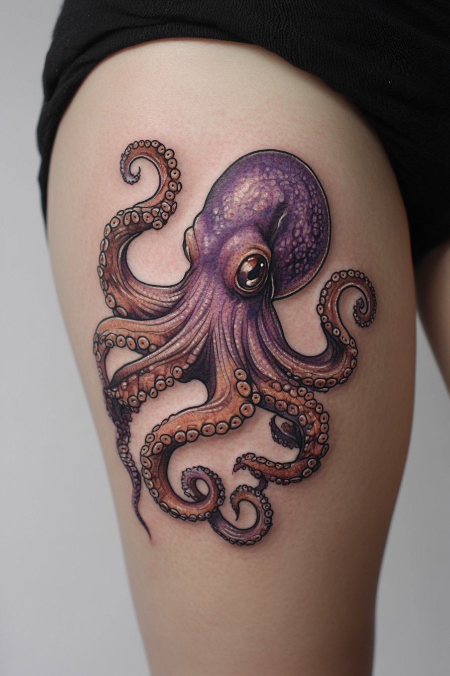 Tattoo of a purple octopus on the hip in a hyper-re 3
