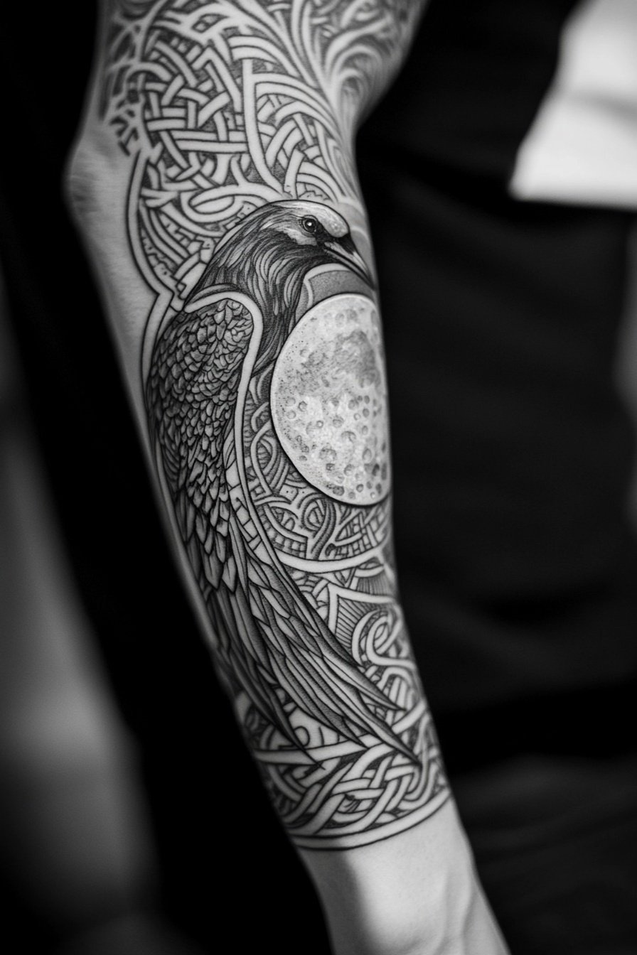 Tattoo of a raven in the moon a full sleeve tattoo 8