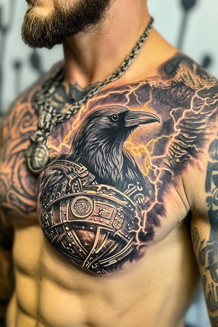 Tattoo of a raven with lightning and Viking armor o 5