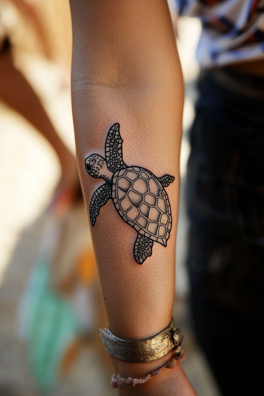 Tattoo of a sea turtle on the forearm simple black 4