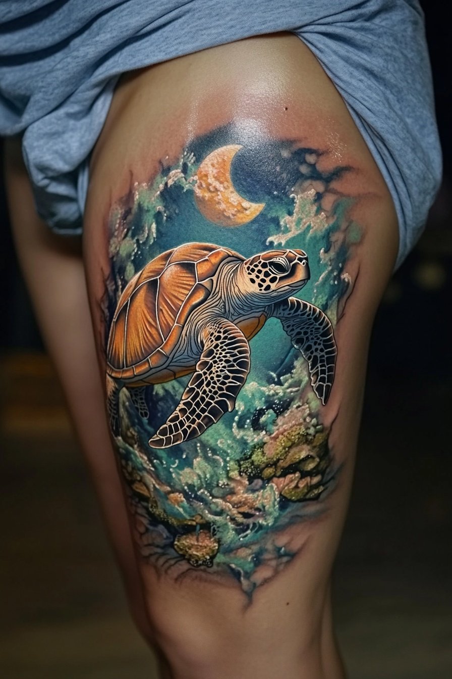 Tattoo of a sea turtle with a moon and ocean waves b
