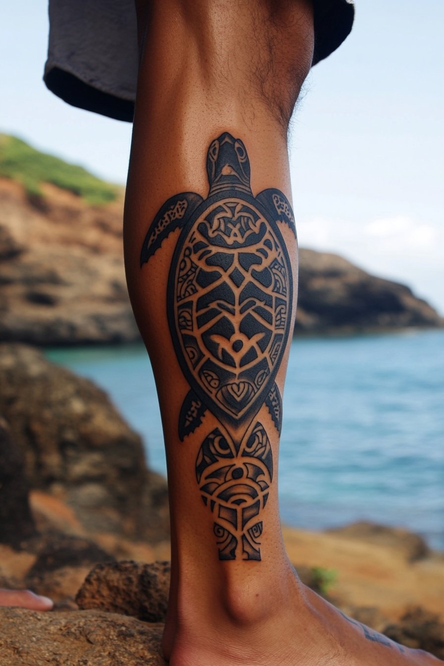 Tattoo of a sea turtle with black tribal patterns o f
