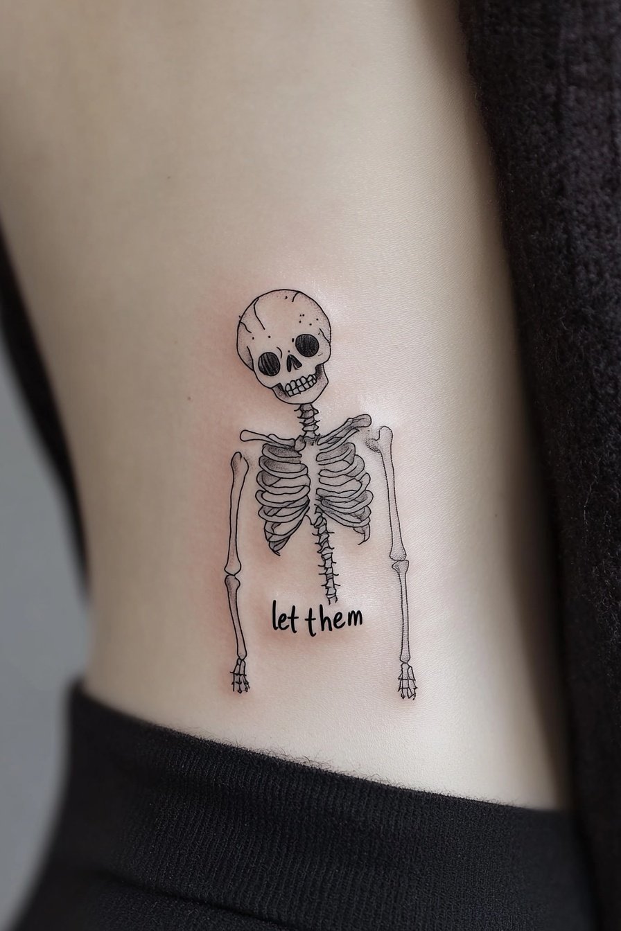 Tattoo of a skeleton with the text let them on the