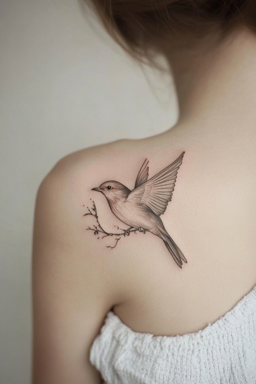 Tattoo of a small bird on the womans shoulder in a 3